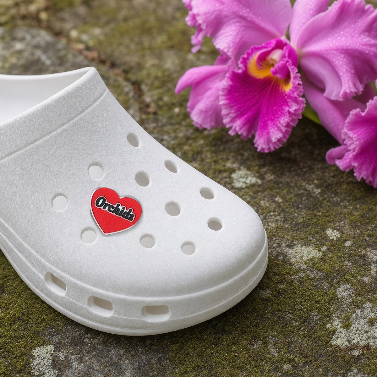 I Love Orchids Heart Charm, PVC orchid clog charm shown in use at true size, Orchidique