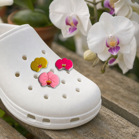 Phalaenopsis Shoe Charm, PVC orchid clog charm shown in use at true size, Orchidique