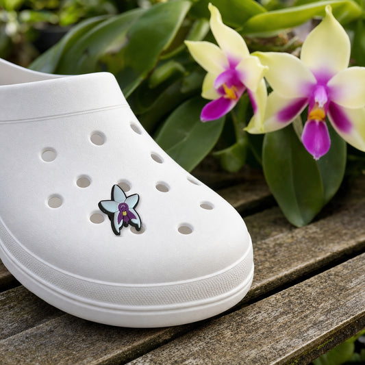 Phalaenopsis Violacea Shoe Charm, PVC orchid clog charm shown in use at true size, Orchidique