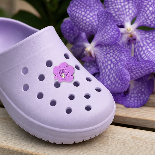 Vanda Shoe Charm, PVC orchid clog charm shown in use at true size, Orchidique