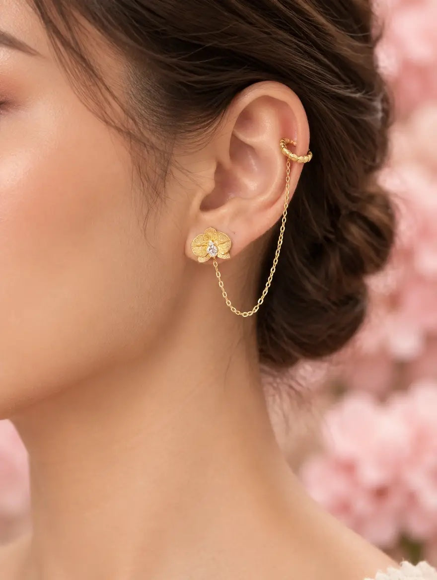phalaenopsis orchid chain cuff, sterling silver, worn by model, ear profile – Orchidique