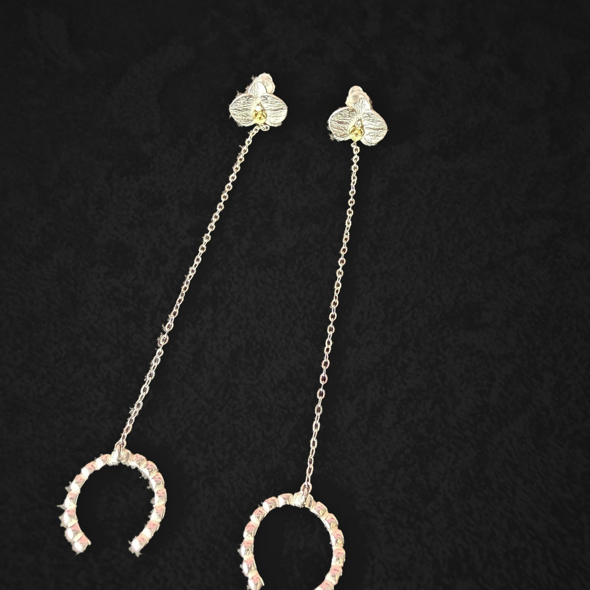 phalaenopsis orchid chain cuff, sterling silver, pair on black background – Orchidique