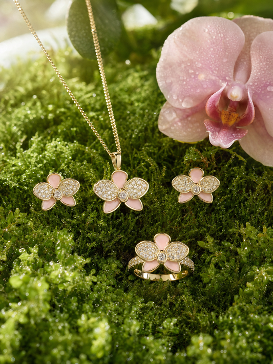 Baby Pink Phalaenopsis Orchid Set — jewelry hero on moss with matching orchid