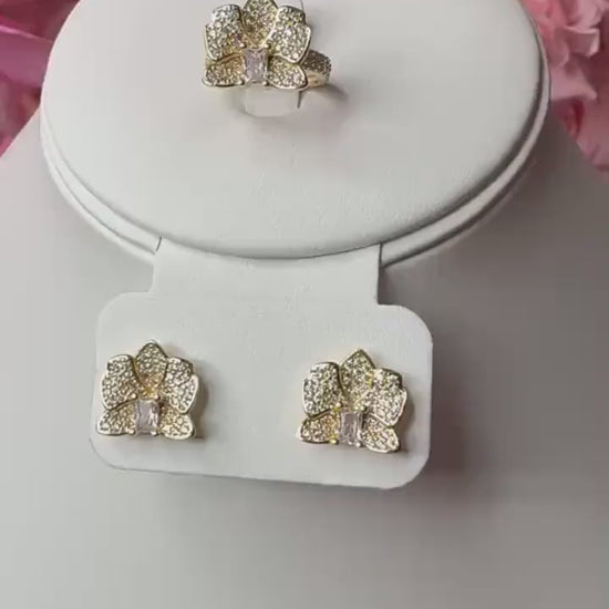 Dendrobium Orchid Earrings and Ring Set - 14k Gold, Rose Gold, White Gold: Dendrobium Sparkle of Love