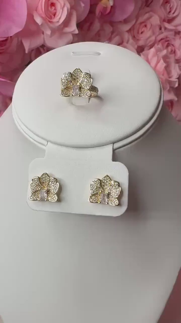 Dendrobium Orchid Earrings and Ring Set - 14k Gold, Rose Gold, White Gold: Dendrobium Sparkle of Love