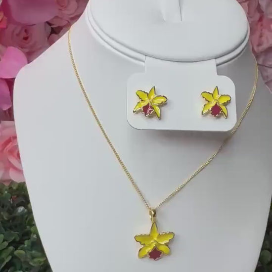 Cattleya Yellow- Red Orchid Jewelry Set • 14k Gold Orchid Choker Necklace •Orchid Earrings • Orchid Ring • La Colombiana Inspired Collection