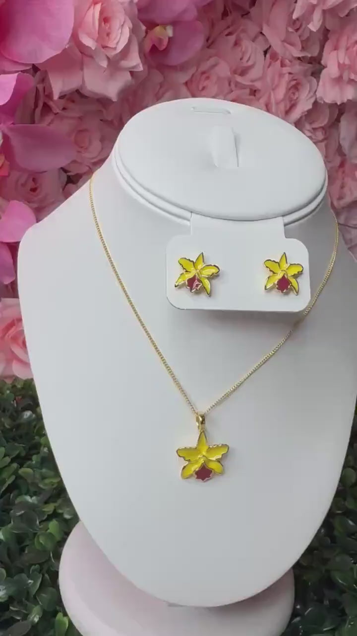 Cattleya Yellow- Red Orchid Jewelry Set • 14k Gold Orchid Choker Necklace •Orchid Earrings • Orchid Ring • La Colombiana Inspired Collection