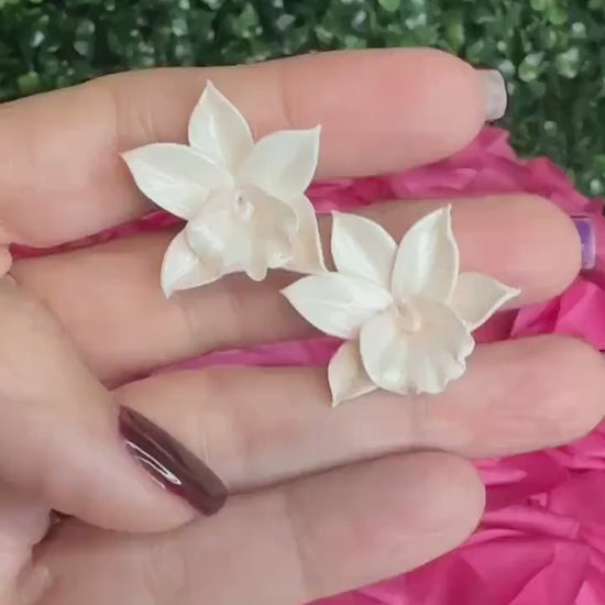 White Cattleya Orchid Studs • Unique Handmade Floral Jewelry • Bridesmaid Gift• Flower Earrings
