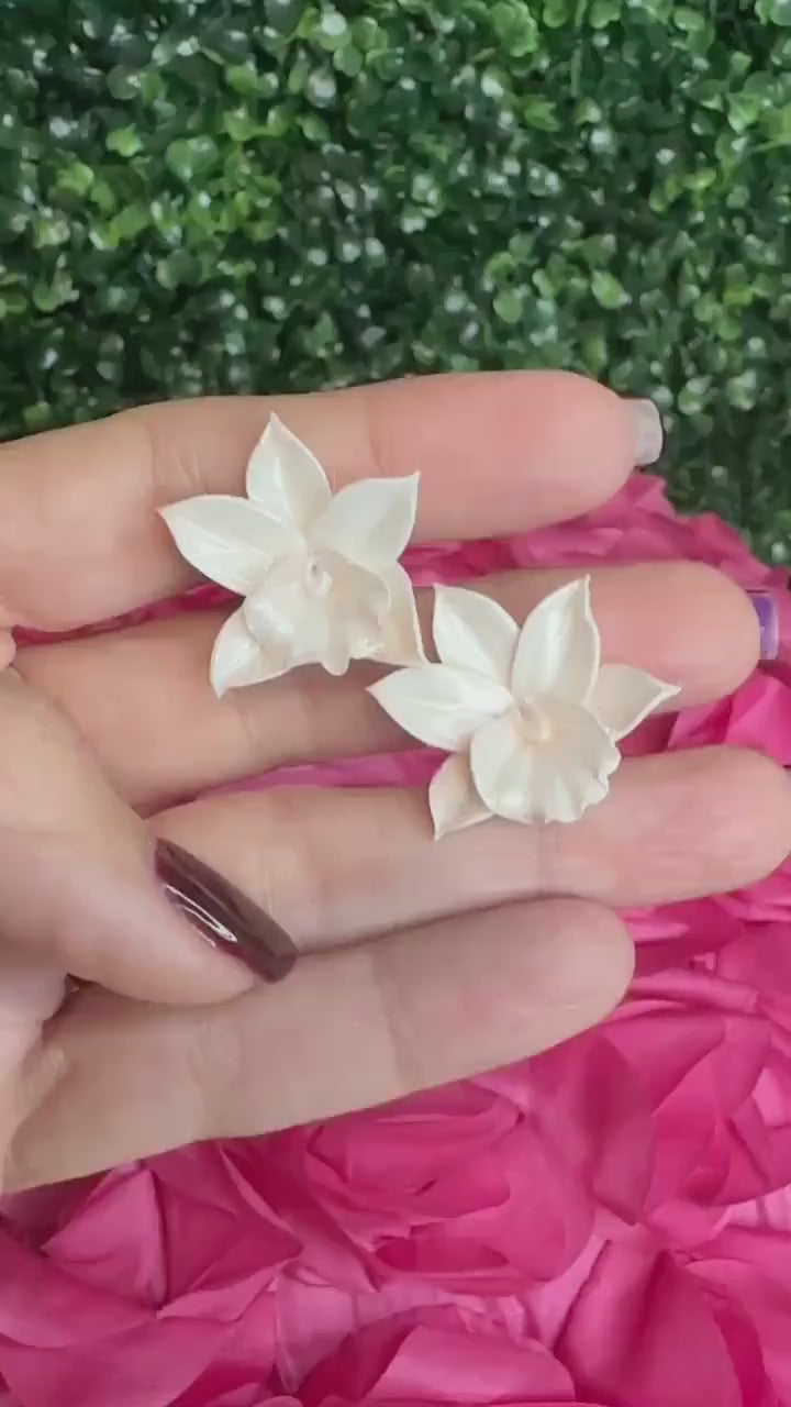 White Cattleya Orchid Studs • Unique Handmade Floral Jewelry • Bridesmaid Gift• Flower Earrings