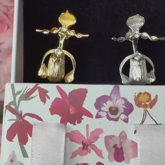 Slipper Orchid Silver Earrings Studs: Divergent Duos Collection