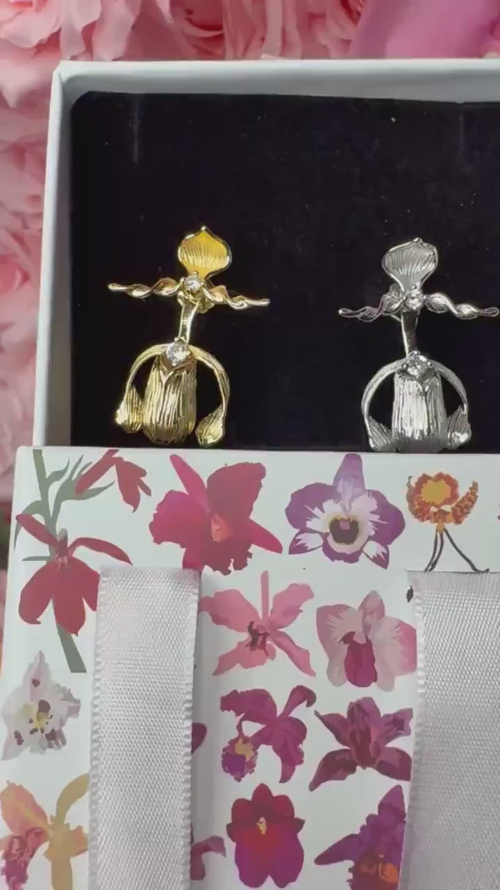 Slipper Orchid Silver Earrings Studs: Divergent Duos Collection