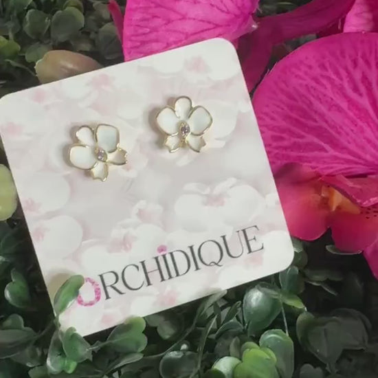 Orchid Enamel Whispers: Gold Phalaenopsis Orchid Flower Earrings • Sterling Silver with Zircon Accents • Unique Statement Jewelry