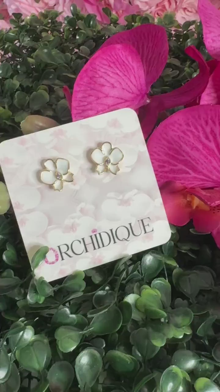 Orchid Enamel Whispers: Gold Phalaenopsis Orchid Flower Earrings • Sterling Silver with Zircon Accents • Unique Statement Jewelry