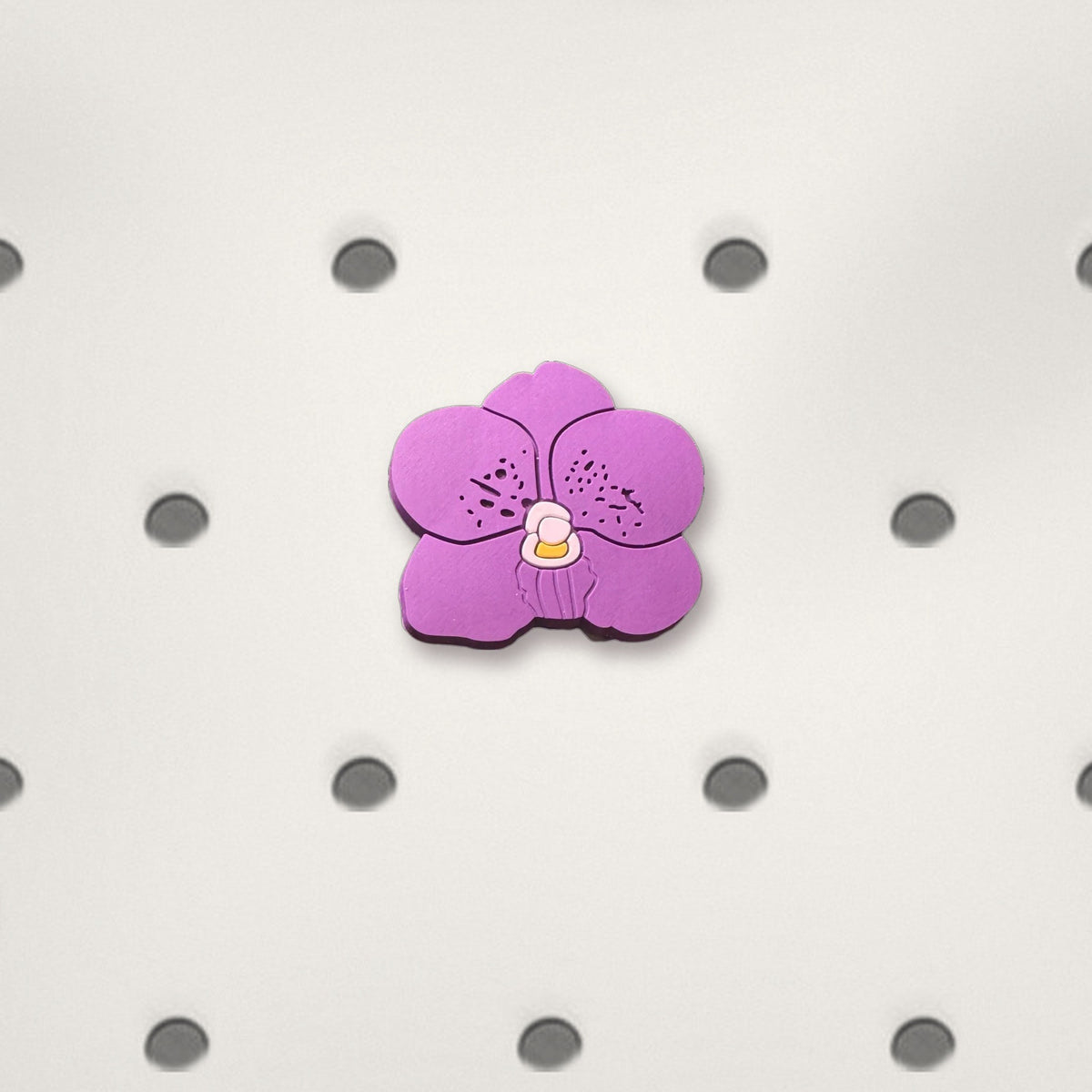 Purple Vanda orchid PVC tote bag charm close-up on white bag