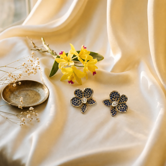 Sapphire Zircon Phalaenopsis Orchid Earrings & Necklace • Gold Plated Silver Jewelry Set - Orchidique
