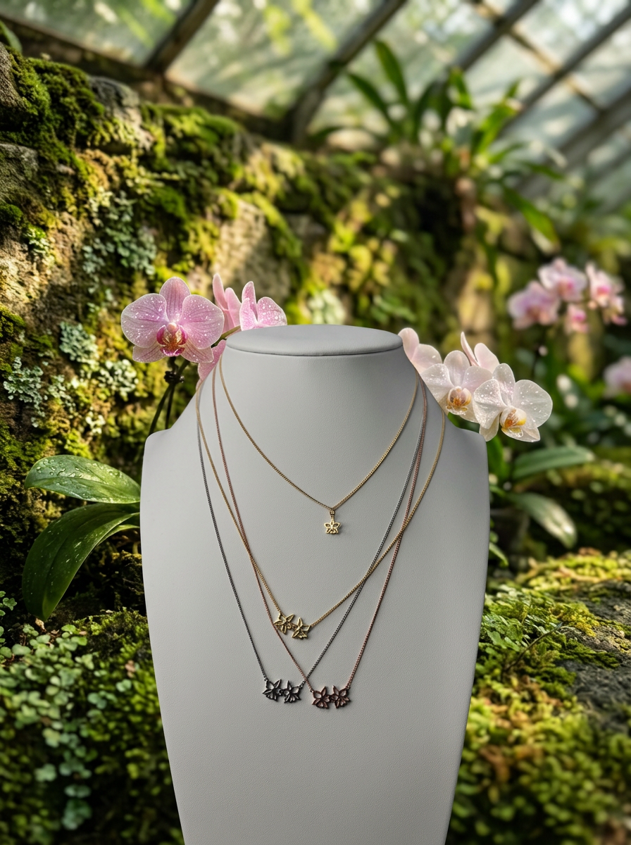 Double Cattleya Orchid Silhouette Pendant Necklace - Greenhouse Setting - Orchidique