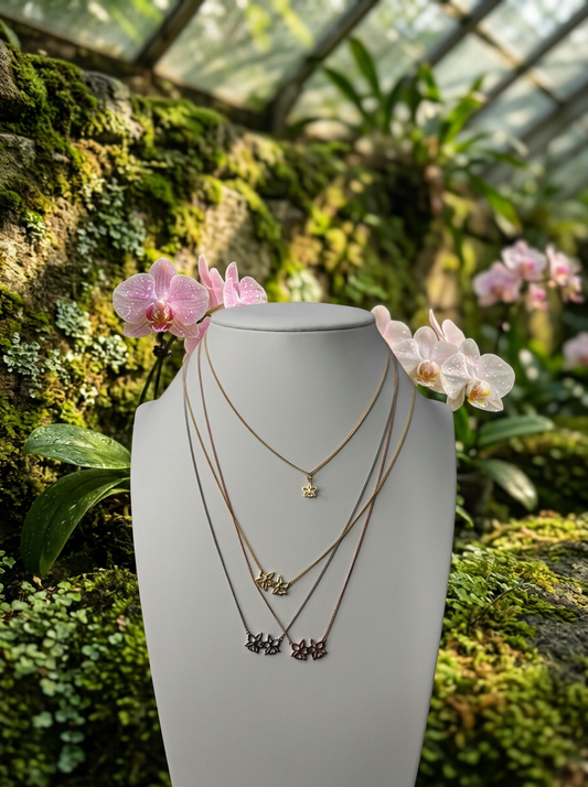 Double Cattleya Orchid Silhouette Pendant Necklace - Greenhouse Setting - Orchidique