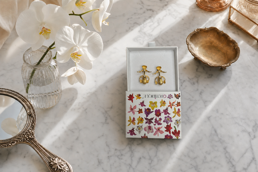 Gold Slipper Orchid Jewelry Set • Paphiopedilum Pendant & Earrings - Orchidique