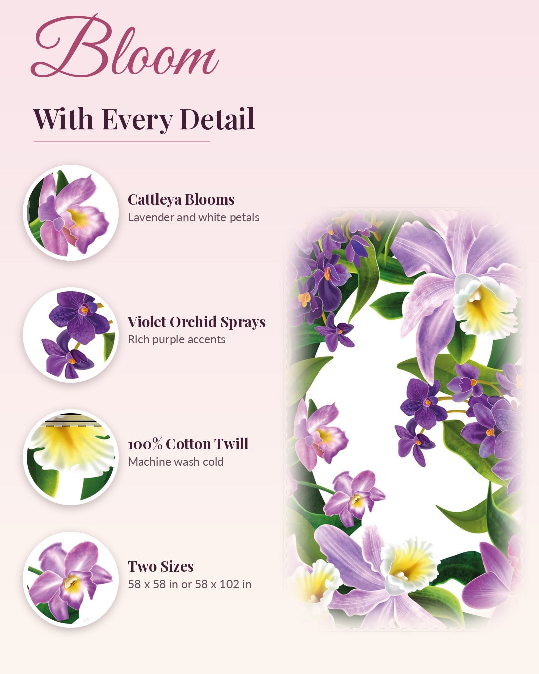 Orchid print cotton twill tablecloth detail callouts