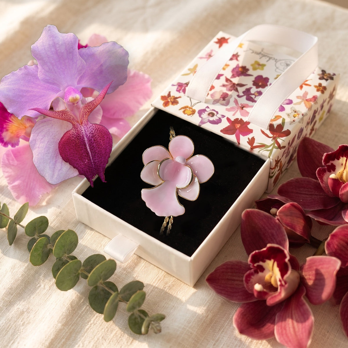 Vanda Miss Joaquim Orchid Lariat Necklace • Pink Enamel • Adjustable Gold Rope Chain