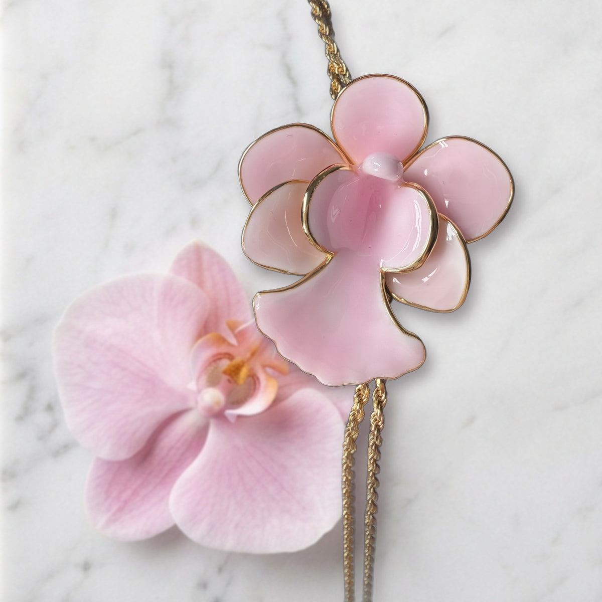 Vanda Miss Joaquim Orchid Lariat Necklace • Pink Enamel • Adjustable Gold Rope Chain