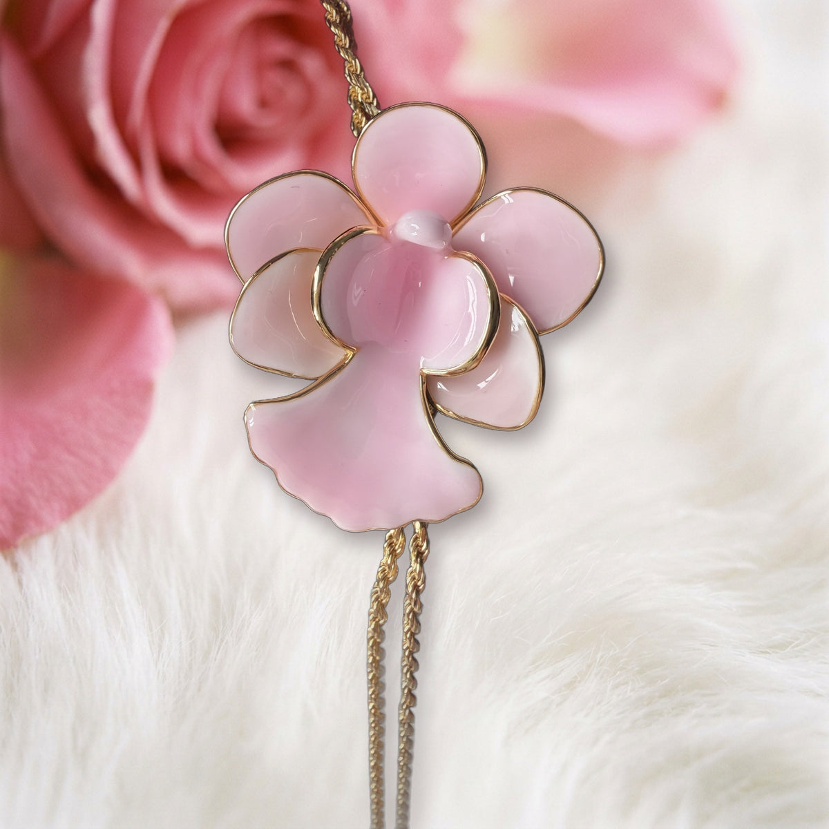 Vanda Miss Joaquim Orchid Lariat Necklace • Pink Enamel • Adjustable Gold Rope Chain