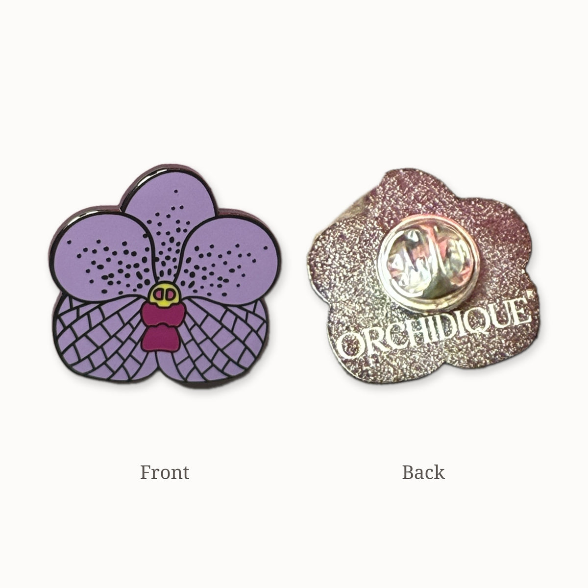 Vanda orchid hard enamel pin front and back, glitter back with ORCHIDIQUE stamp and silver-tone butterfly clutch