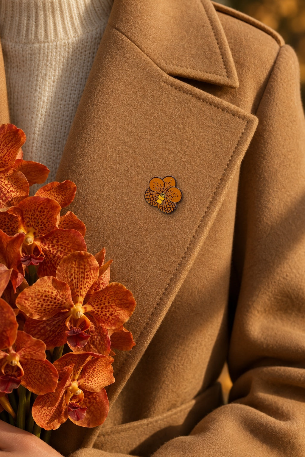 Orange Vanda orchid hard enamel pin on a camel coat lapel with burnt-orange Vanda blooms