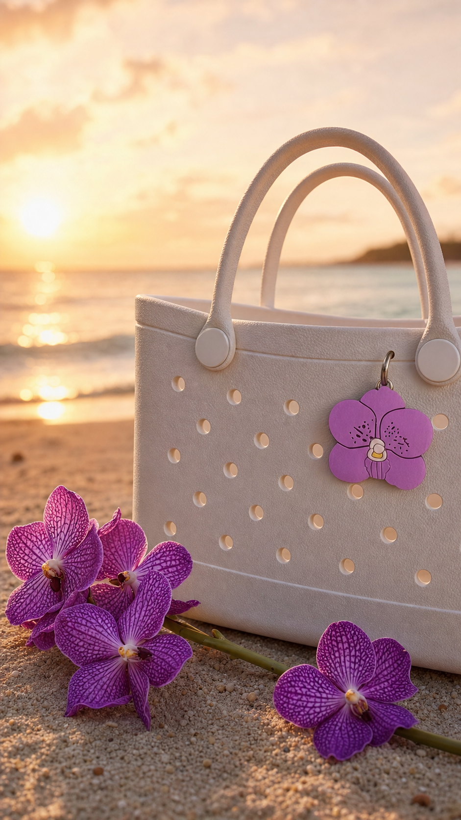 Purple Vanda orchid bag charm on white beach tote at sunset with real Vanda orchids in sand - Orchidique