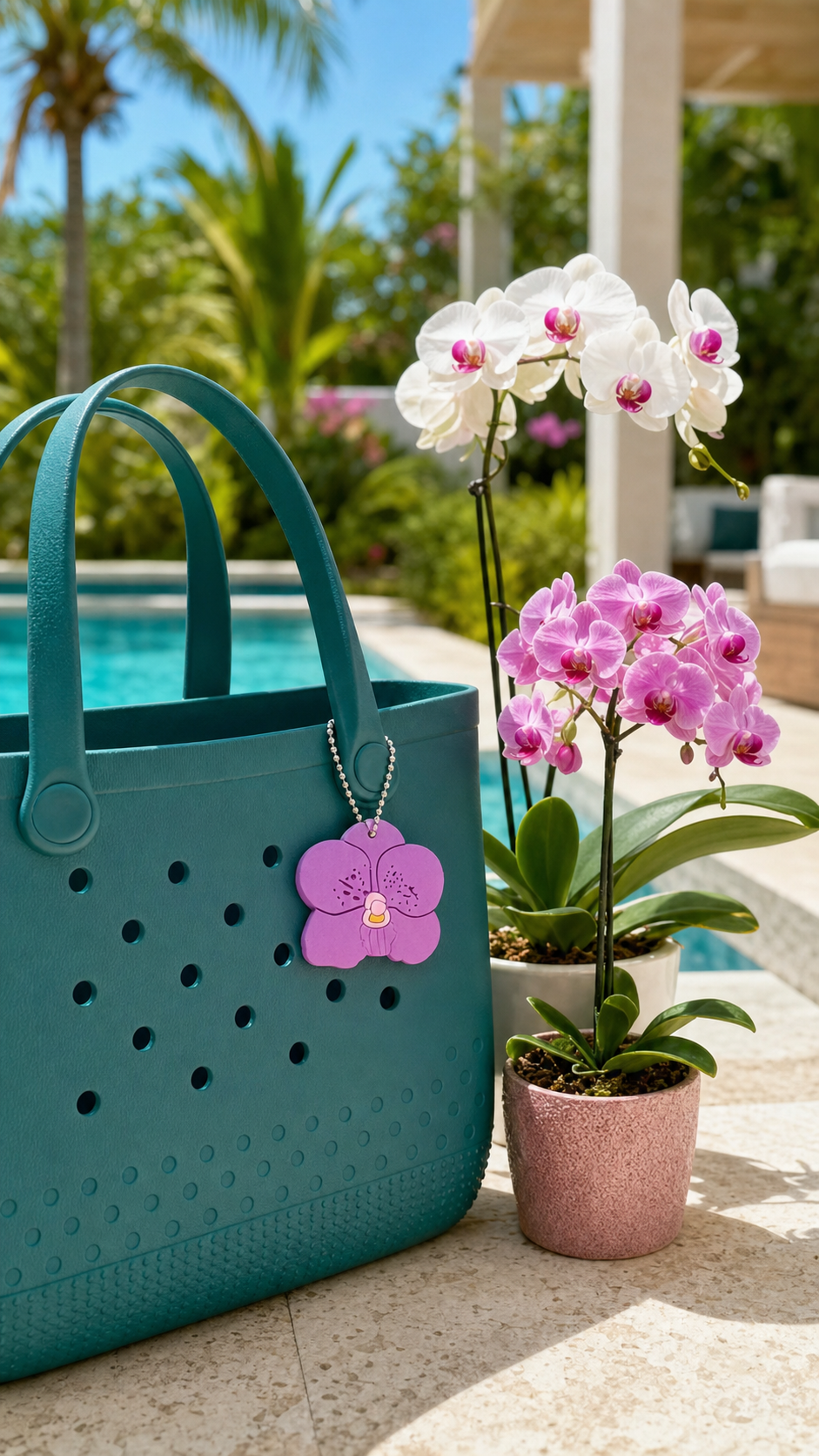 Purple Vanda orchid bag charm on teal beach tote poolside with pink and white orchids - Orchidique
