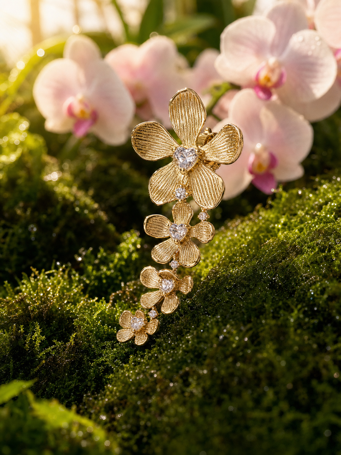 vanda orchid ear climbers, pink and white, 14K gold plated sterling silver, detail view – Orchidique