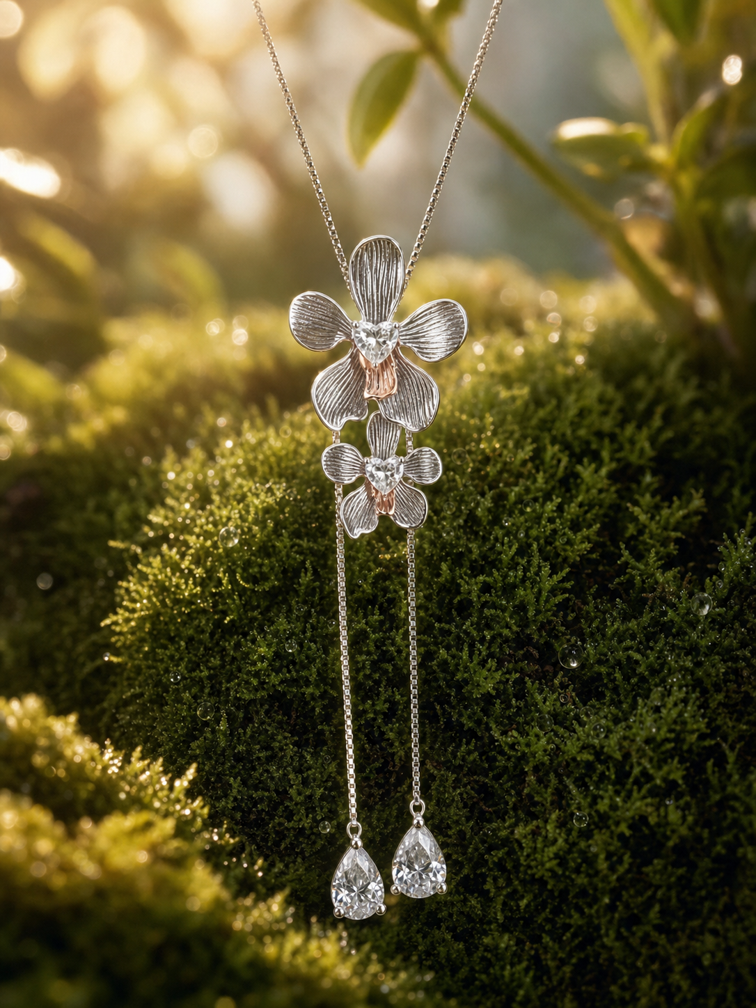vanda orchid lariat, crystal, 14K gold plated sterling silver, detail view – Orchidique