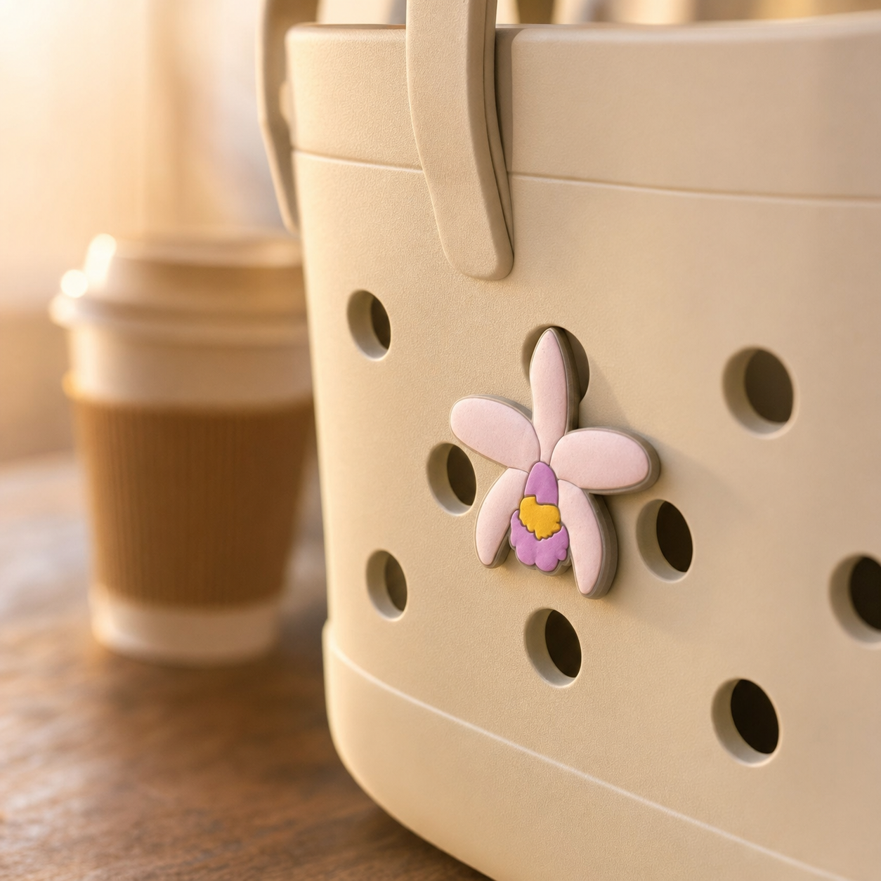Cattleya Violacea white orchid bag charm close-up popped into cream tote drainage hole at coffee shop - Orchidique