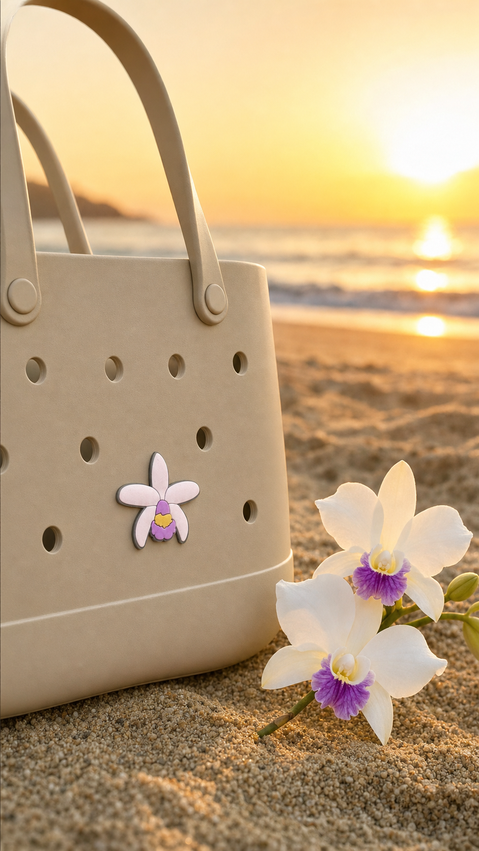 Cattleya Violacea white orchid bag charm popped into beige tote drainage hole at sunset - Orchidique