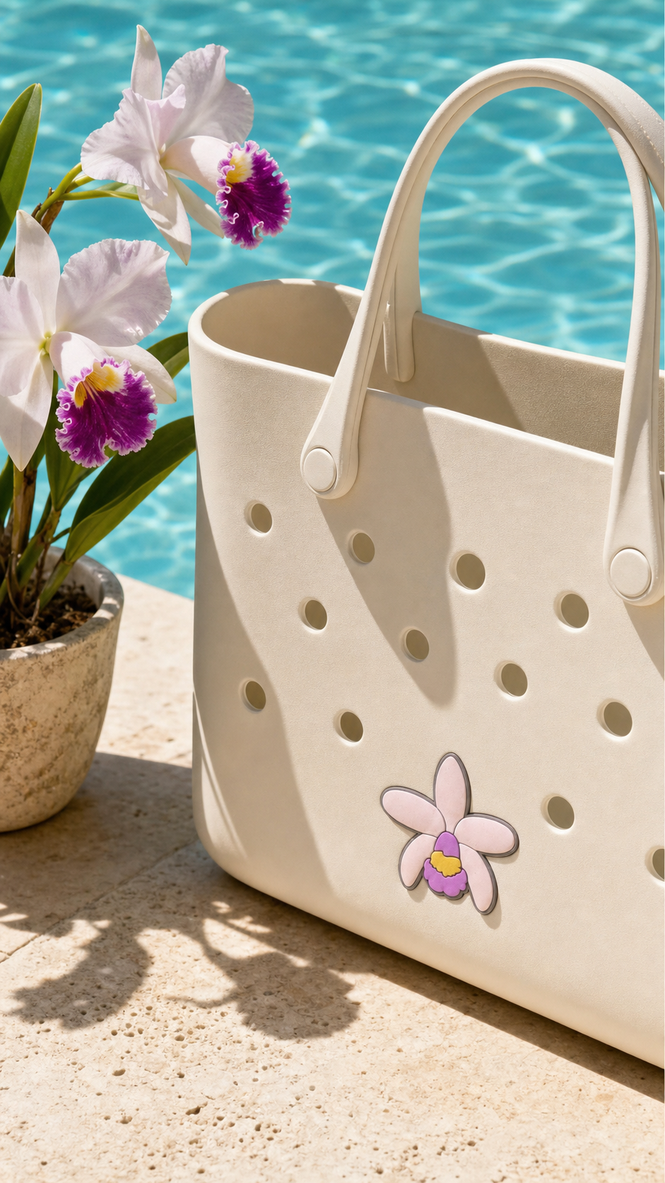 Cattleya Violacea white orchid bag charm popped into cream tote drainage hole poolside - Orchidique