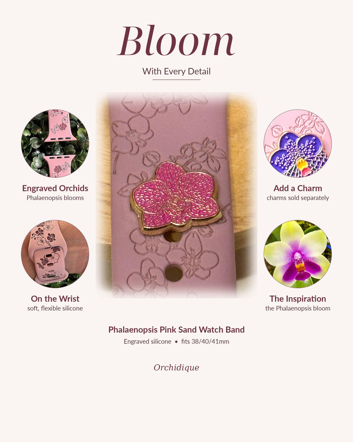 Phalaenopsis pink sand engraved watch band with orchid charm, detail composite