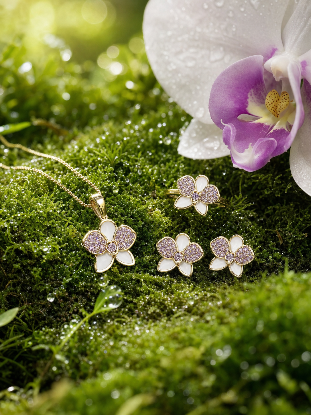 White with Lavender Phalaenopsis Orchid Set — jewelry hero on moss with matching orchid