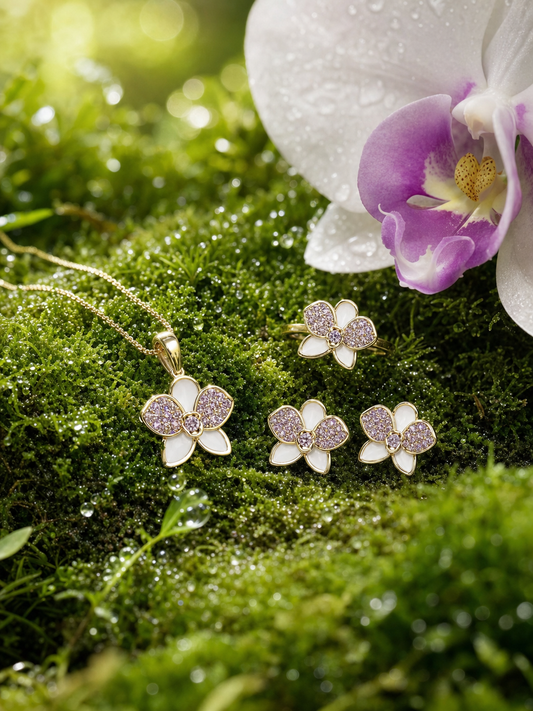 White with Lavender Phalaenopsis Orchid Set — jewelry hero on moss with matching orchid
