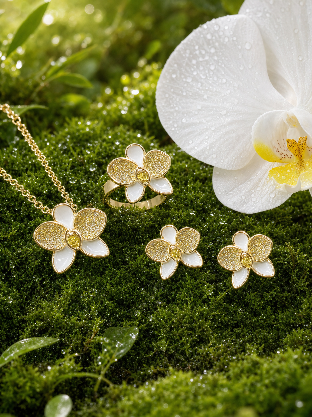 White with Yellow Zircons Phalaenopsis Orchid Set — jewelry hero on moss with matching orchid